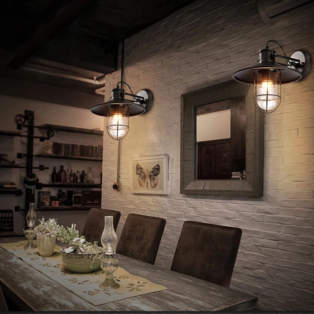 Винтажный промышленный настенный светильник со стеклянным абажуром черный