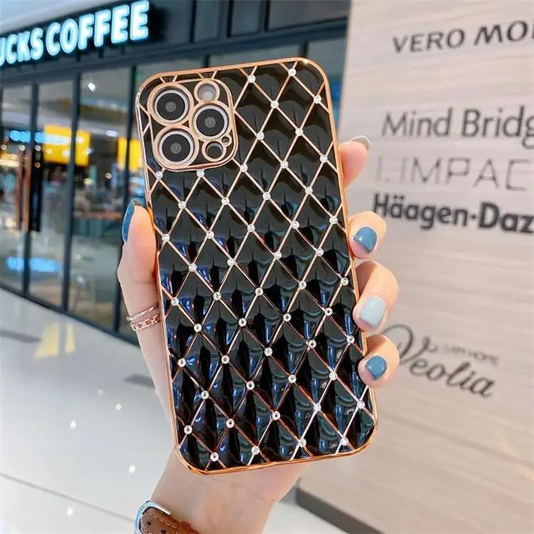 

Luxury electroplated lambskin diamond phone case for iPhone 11 12Pro max6 7 8 X XS XR soft black all-inclusive protective cover