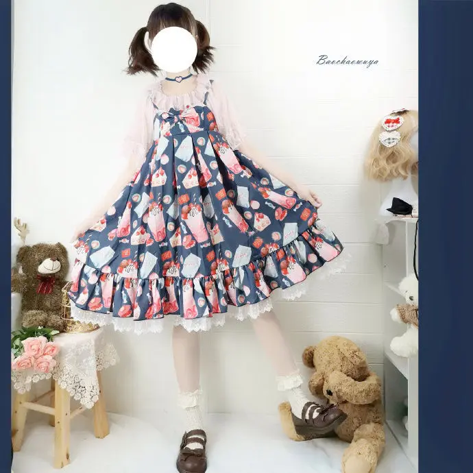 

Sweet Japanese Lolita Strawberry Cake Dessert Party Print JSK Tea Party Girl Kawaii Soft Lolita Daily Sling Dress