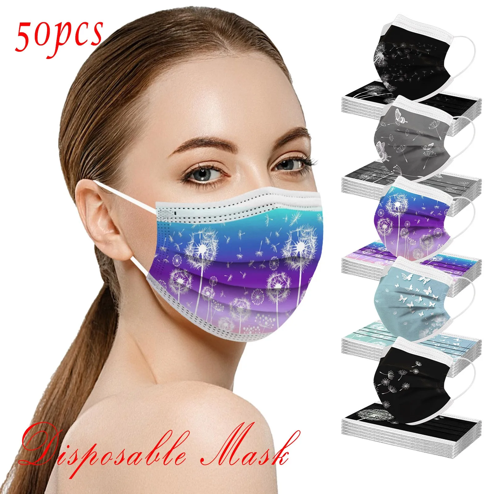 

50pcs Adults Face Mask Beautiful Elegant Flower Prints Disposable Mouth Masks Breathable 3 -layer Mаска Mascarillas Maski Masque