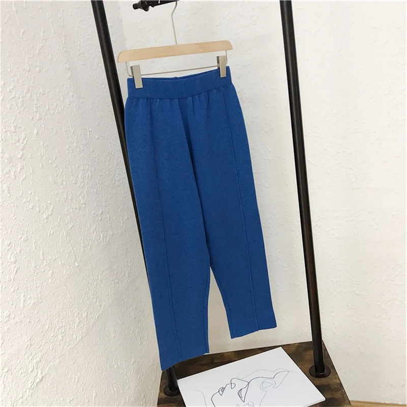 

YOSICIL Loose Solid Knitted Pants Women Elastic Waist Casual Lady Pants Pleated Leisure Home Wear Long Pants Female Pantalon
