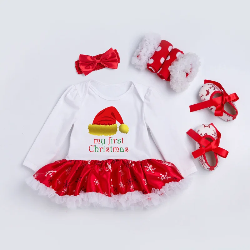 Christmas Baby Girl Clothes Dress Cotton Long Sleeve Children's Skirts Set 0-2 Newborn Four-piece Childen Clothing New Year Gift | Детская