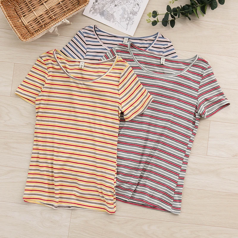 Casual Striped Women T Shirt O-Neck Short Sleeve Summer Lady Tees Top M30243 | Женская одежда