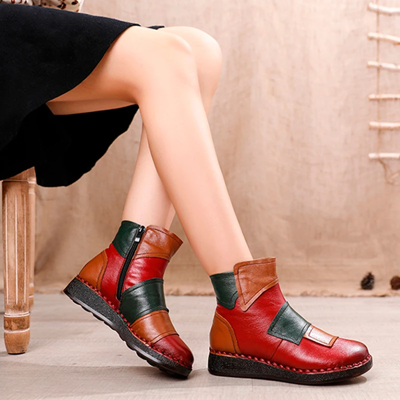 

TIMETANG Winter Splicing Shoes Cotton Shoes Women Thick Warm Plush Cow Leather Ankle Boots Mother Shoes Non-slip Flat BottomBoot