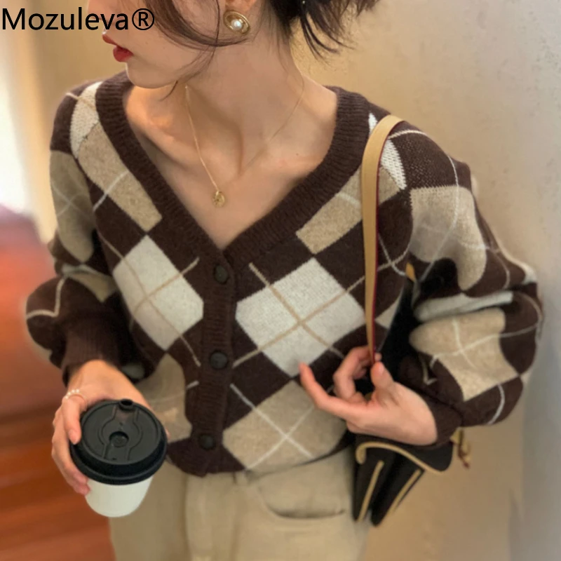 Mozuleva New Autumn Vintage Argyle Knitted Sweaters Women Casual V-neck Full Sleeve Single-breasted Loose Female Cardigans 2021 |