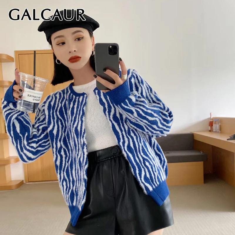 

GALCAUR Loose Single Breasted Sweater For Women Round Collar Long Sleeve Print Colorblock Knitting Cardigan Female Clothing 2021