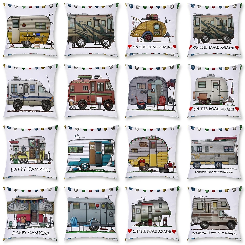

Cartoon Outdoor Tour Bus Print Throw Pillow CoverSquare Cushion Covers Polyester Pillow Case Sofa Home Decor Almofadas Fronha