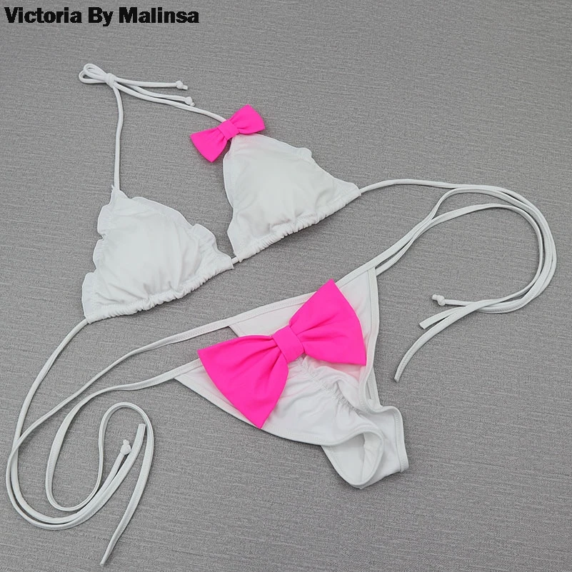 Женский треугольный бикини с бантиком белый сексуальный секретный купальник