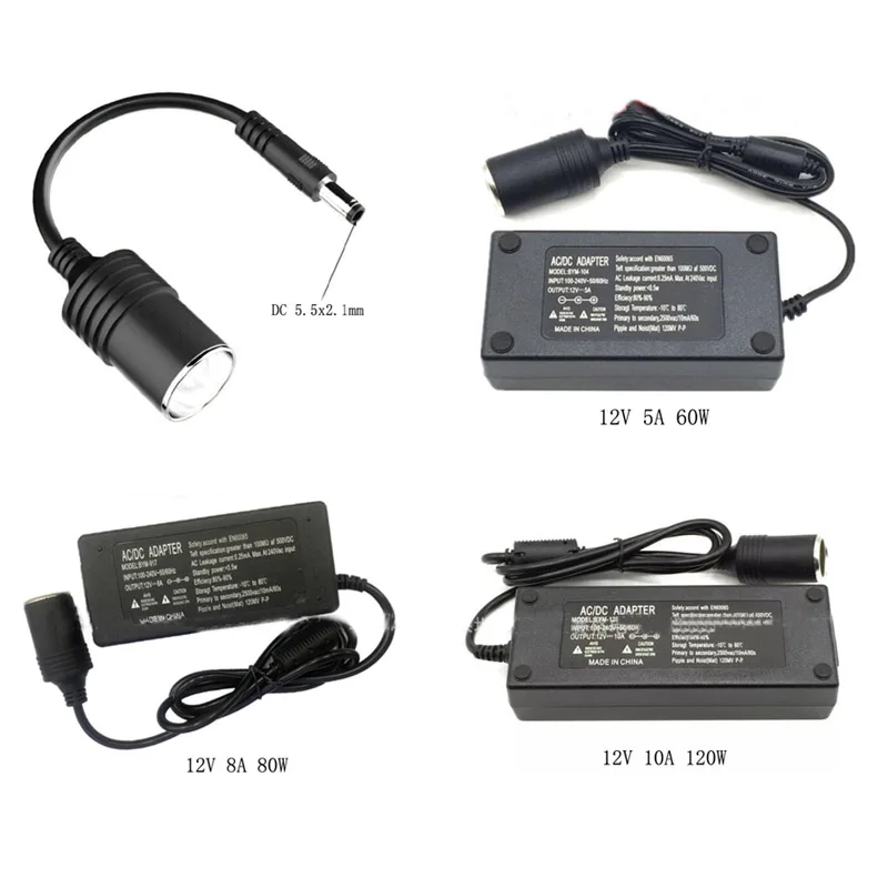 

1PCS AC 110V 220V Adapter to DC12V 5A 8A 10A 60W 80W 120W Power Adapter Car Cigarette Lighter Converter 5.5x2.1mm to Car Socket