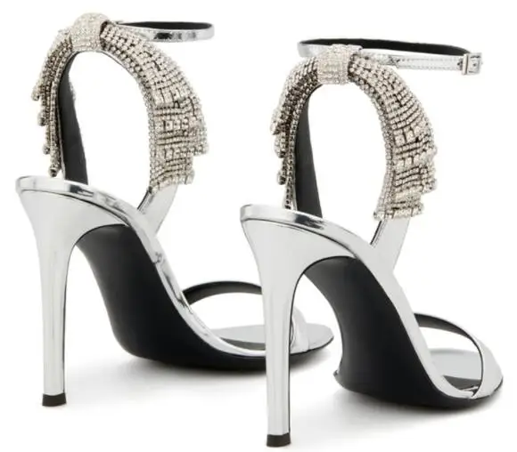 

BONJEAN Open Toe High Heel Sandals Crystal Embellished Ankle Strap Gladiator Shoes Sexy Black Silver Party Wedding Heels