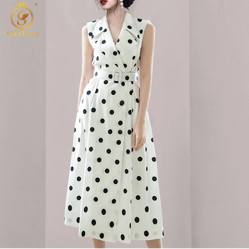 

Женское офисное платье SMTHMA, повседневное элегантное платье в горошек с поясом на лето
