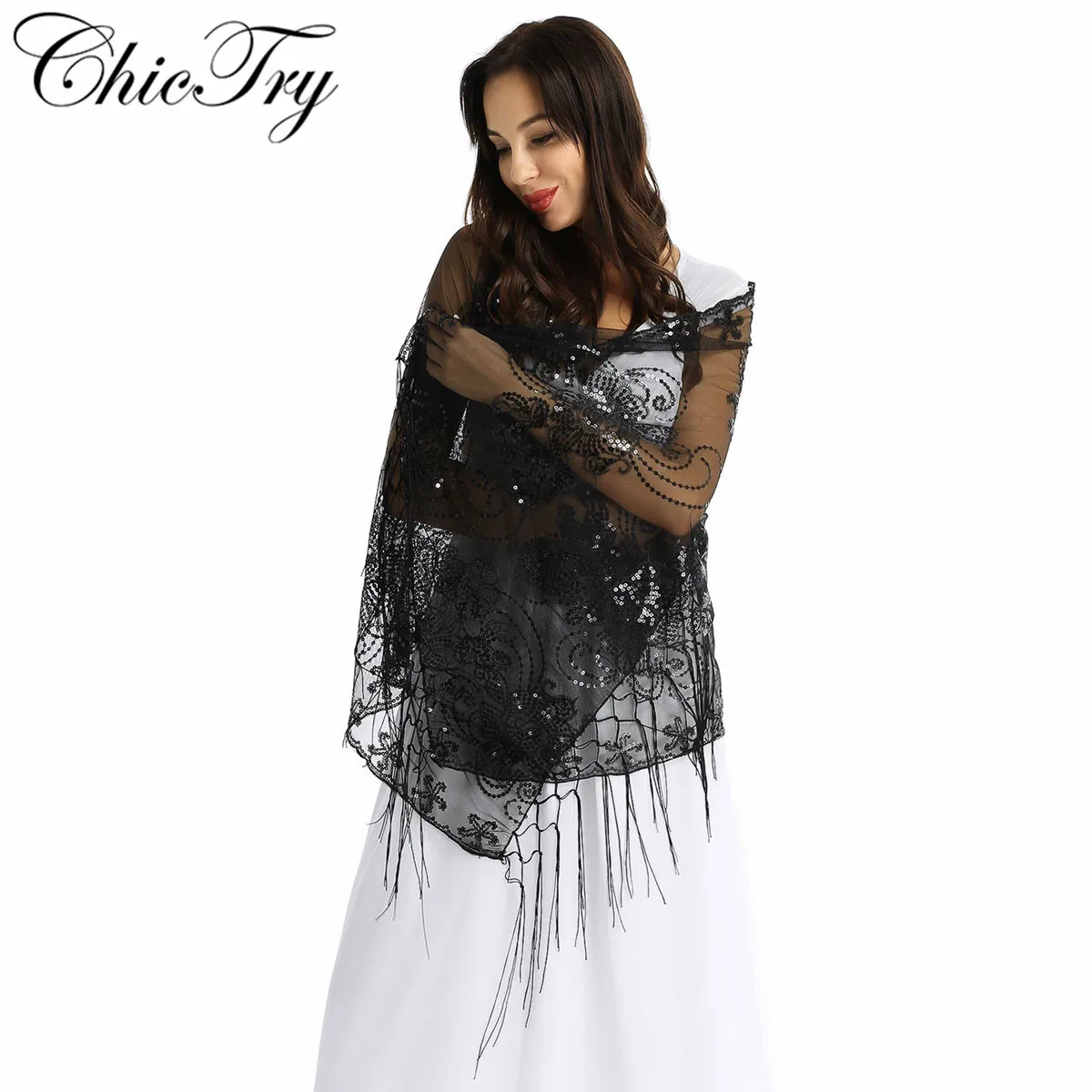 Блестящий шарф-накидка с бахромой для женщин девушек и 1920 |