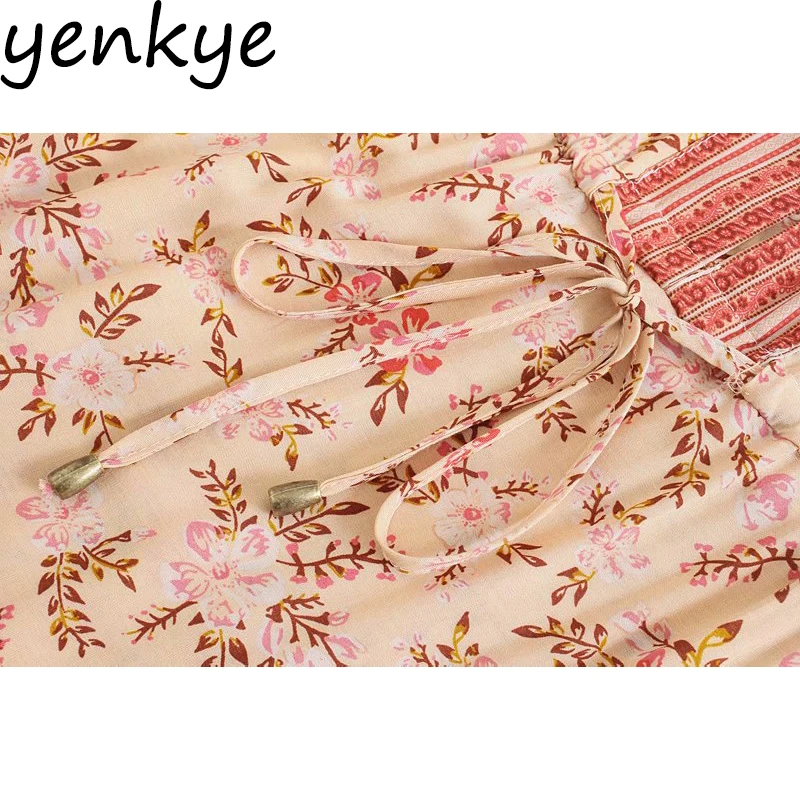 

YENKYE Holiday Boho Long Maxi Dress Women Short Sleeve Drawstring Waist Floral Print Vestido Mujer A-line Casual Summer Dresses