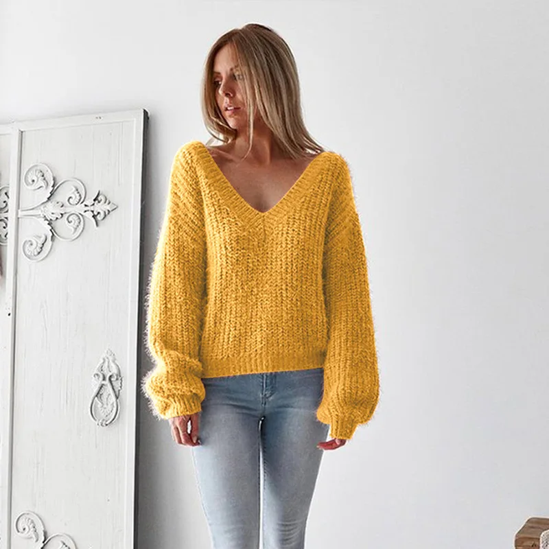 Sexy Backless V-neck Sweater Autumn Winter Women Long Sleeve Loose Knitted Pullovers Solid Casual Knitting Jumpers Tops | Женская одежда