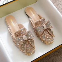 square toe paillette beads mules women slippers summer shoes woman sandals flip flops pearl bling glitter slides plus size 34 43