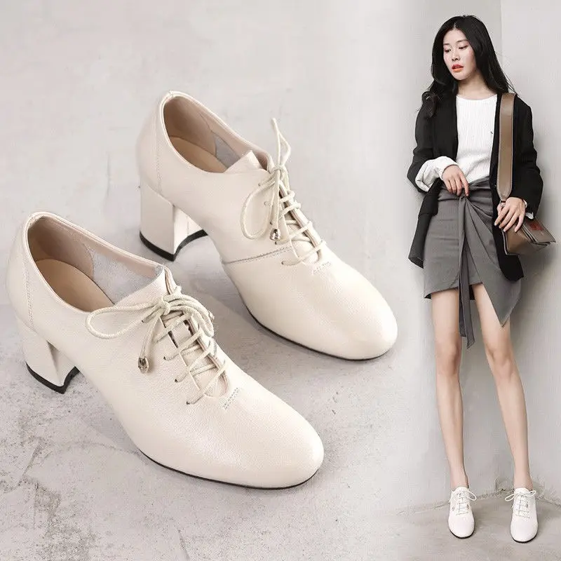 

2020 NEW Deep Single Shoes,Women Mid Heels,Pointed toe,Lace-up,British Style,Female Footware,Black,Beige