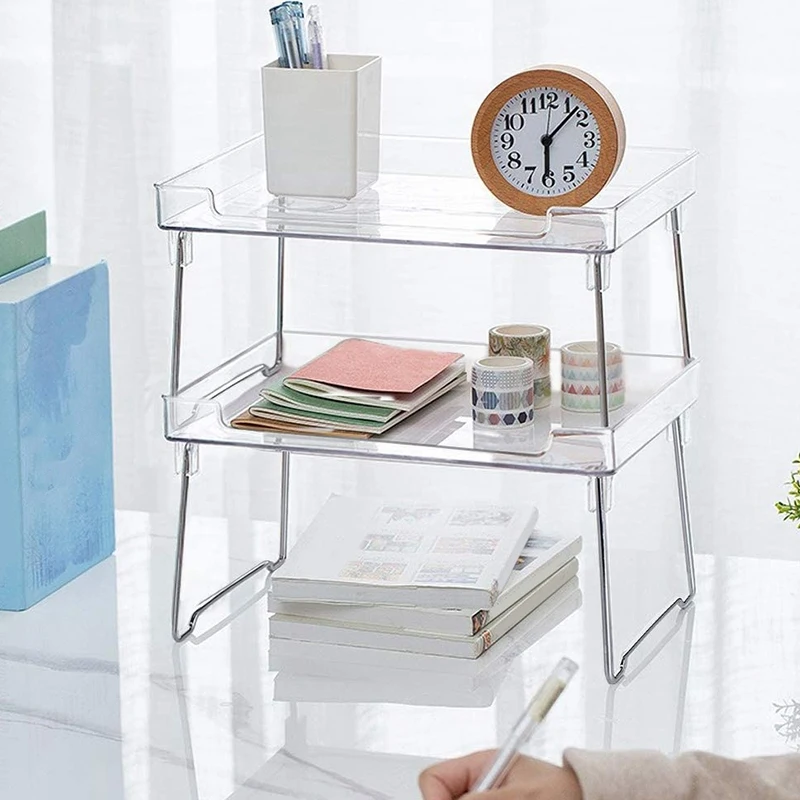

Kitchen Cabinet and Counter Shelf Organizer, Clear Stackable Storage Shelves for Kitchen Bathroom Bedroom Vanity 2 Pack