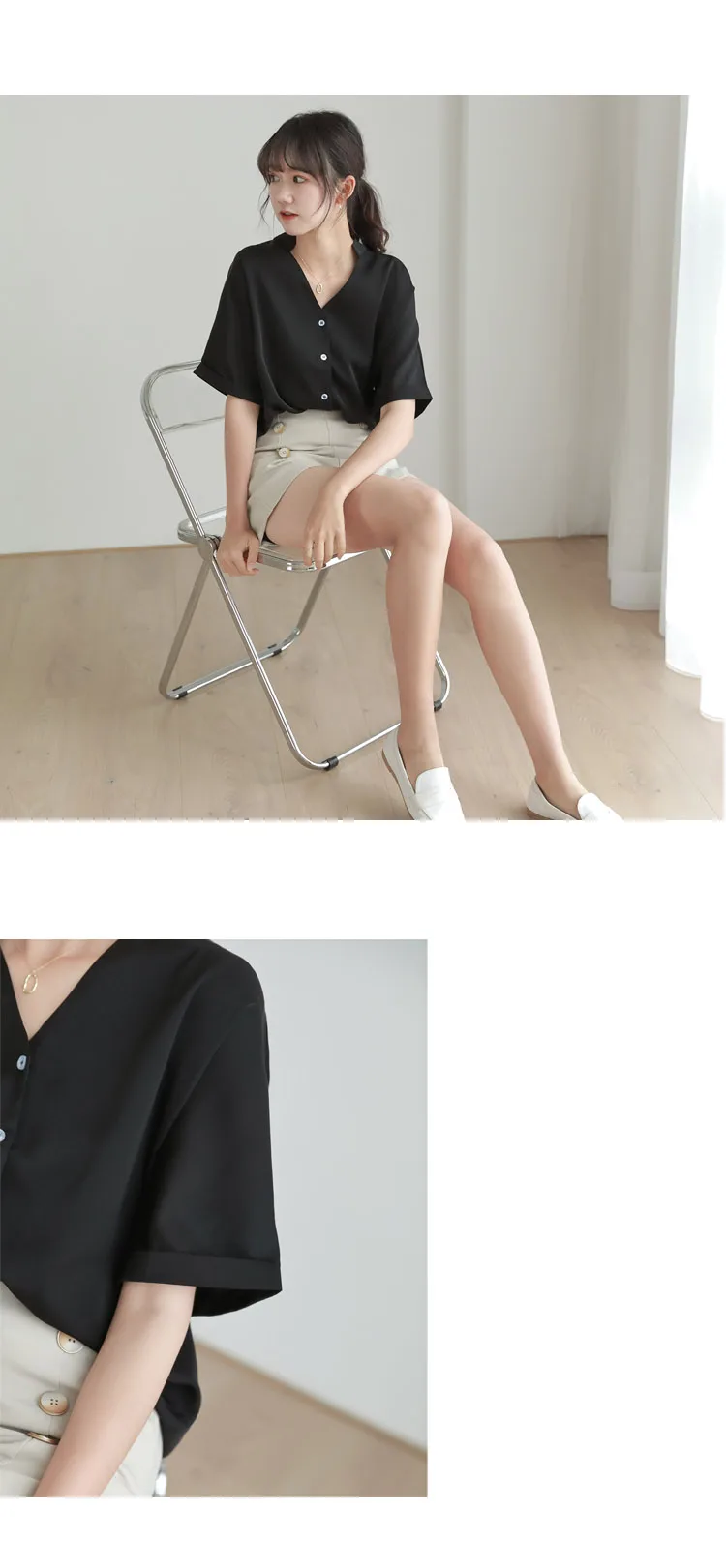 

Houthion Chiffon Slim Women's Blouses New Casual Blouse Solid Color Buttons V-neck Shirt Summer Fashion Short Sleeve Top Lady