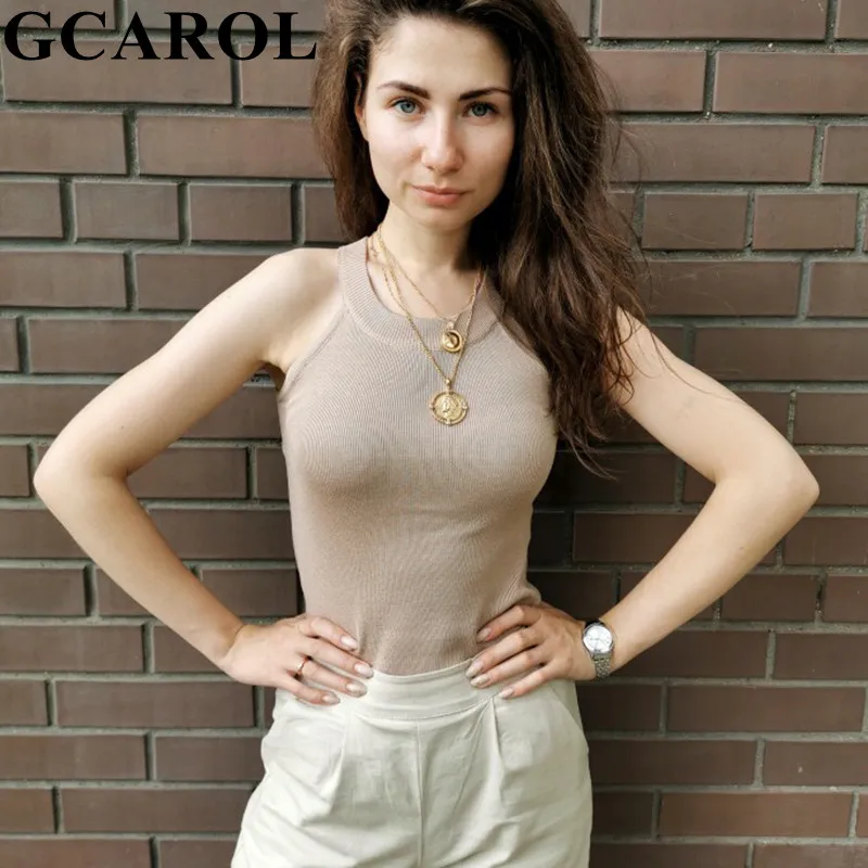 GCAROL, новинка, шикарный Вязаный топ на бретелях, стрейчевый, без рукавов, сексуальный, с открытыми плечами, Шелковый жилет, укороченные топы, майки