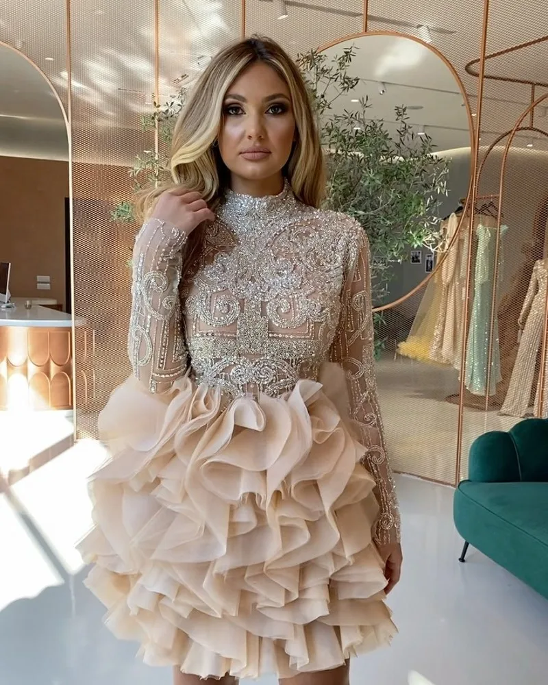 

Sexy Short Prom Dresses High Neck Beading Evening Dress For Women Party Full Sleeves Graduation Robe De Soire Ruffles Skirt