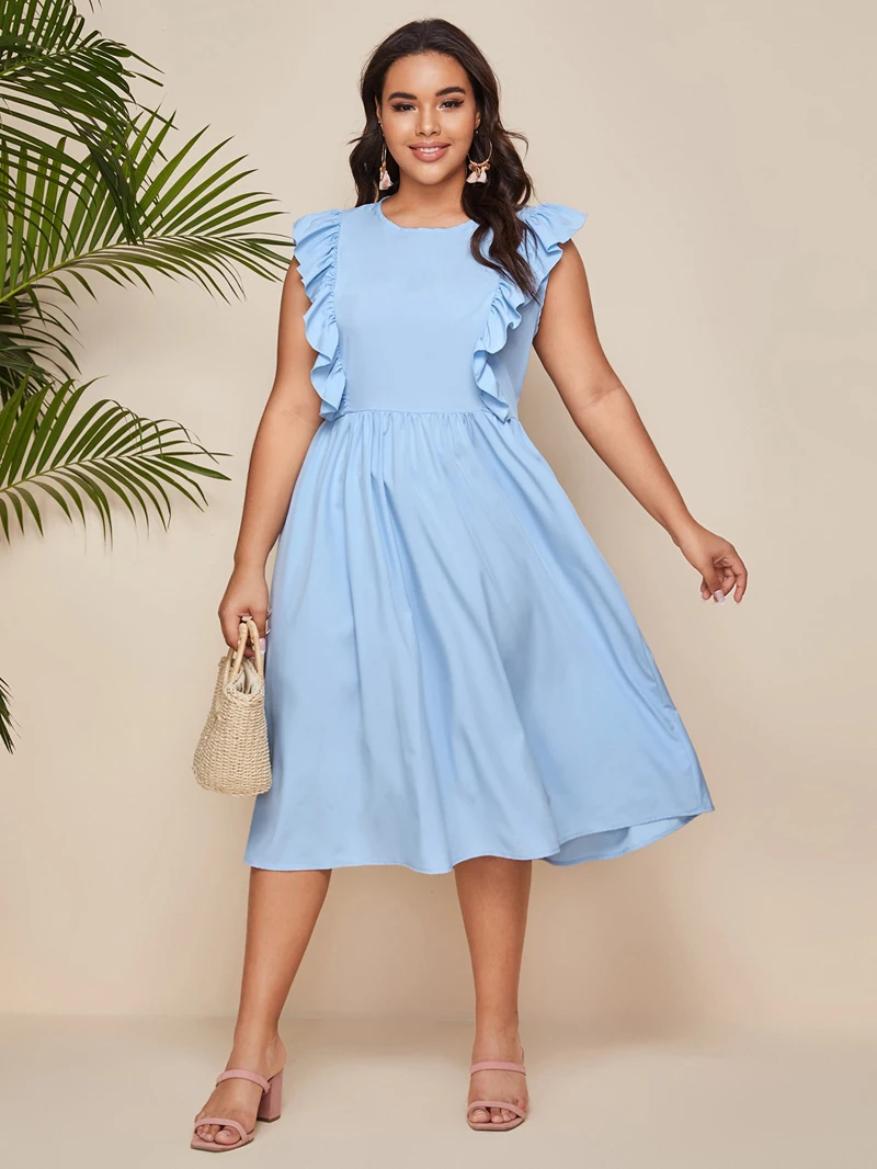 

Plus Size Mid Length Dress Ruffled Sleeveless Large Hem Solid Color Dress
