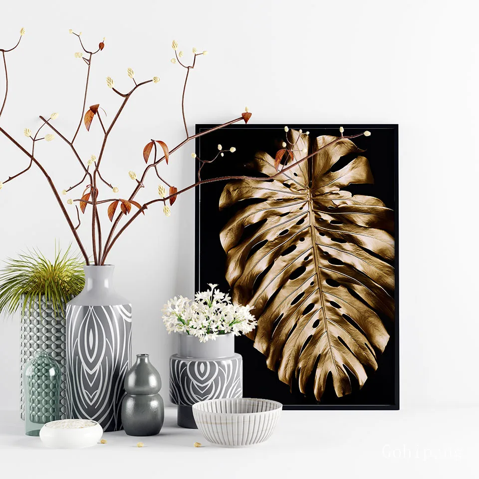 Постер с золотой ладонью Картина на холсте растениями листья монстеры Настенная