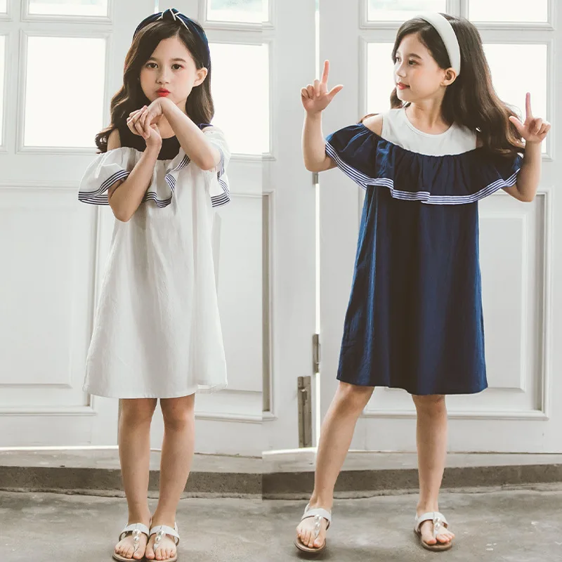 

Parent-child white flower girl Dress Girls Dress Shoulder Flounder Mid-length Children's Dress Robes Filles