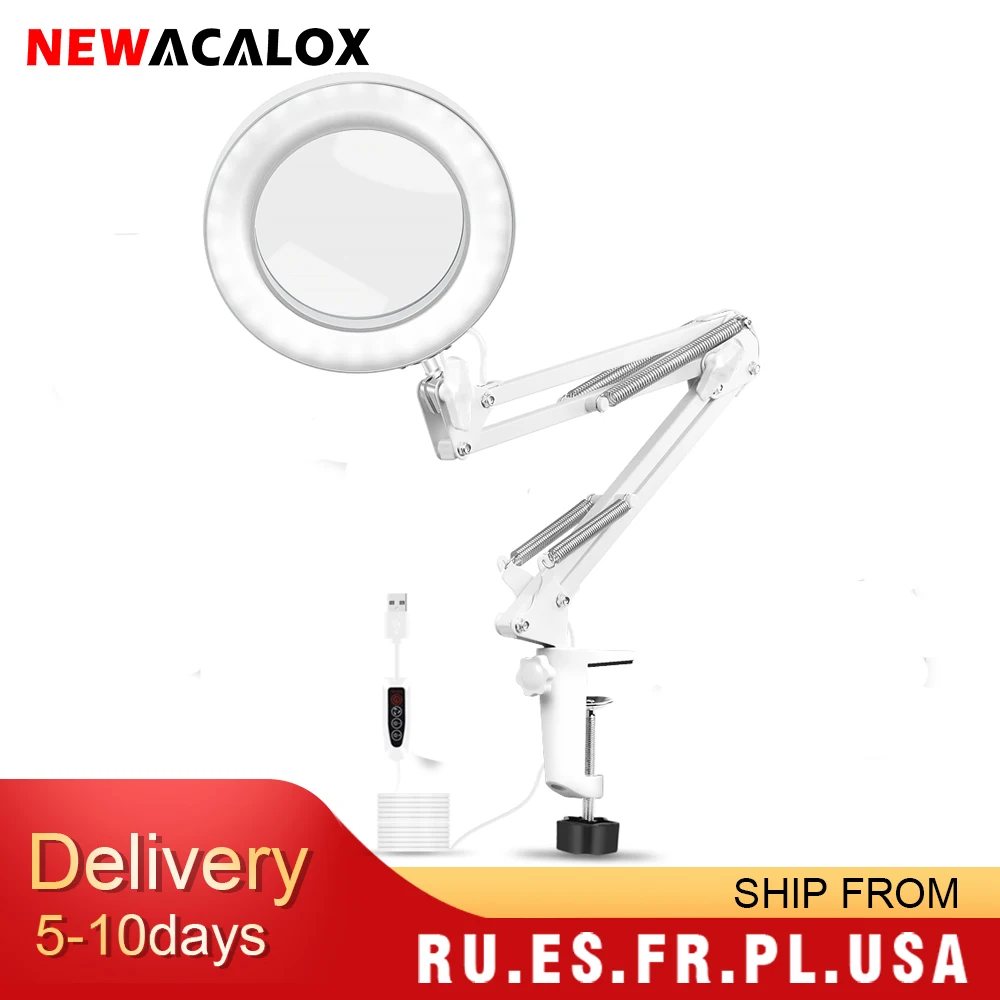 NEWACALOX Table Clamp USB 5X Folding Magnifier Soldering Third Hand Tool Desk Lamp 3 Colors LED Illuminated Magnifying Glass image 2