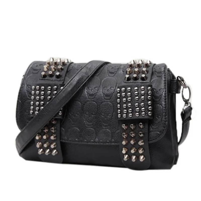 

Black New Rivet Women PU Leather Shoulder Bags Skull Bag Punk Crossbody Bags For Women Chain Messenger Bag
