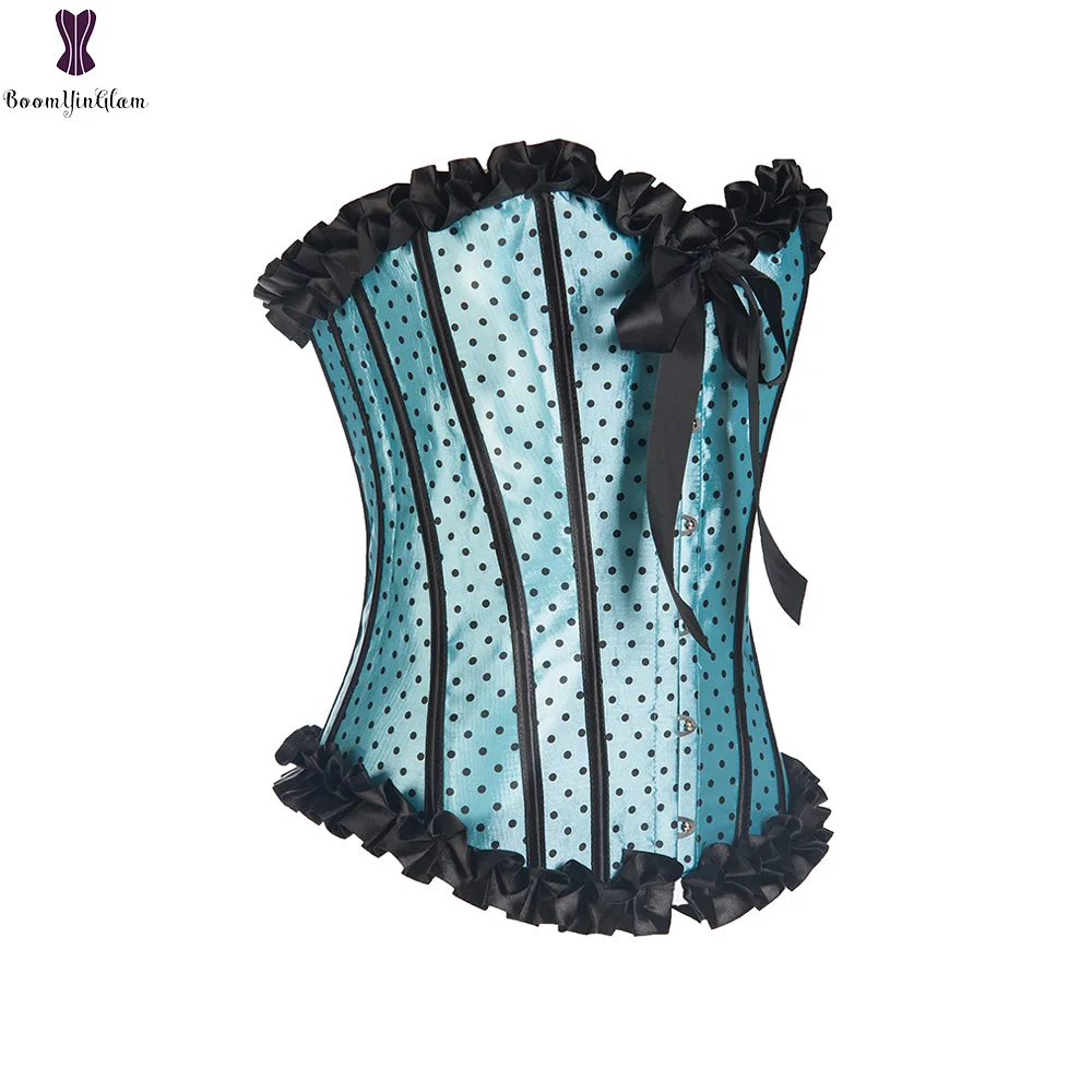 

Classic Overbust Corset Polka Dot Black Blue Lace Up Waist Bustier Top Body Shaper Underweat Corselet S-2XL