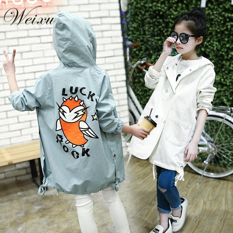 Weixu Children's Windbreaker For Girls Fashion Kids Spring Autumn Cartoon Bird Outerwear Jacket Teenager Hooded Long Trench Coat | Детская