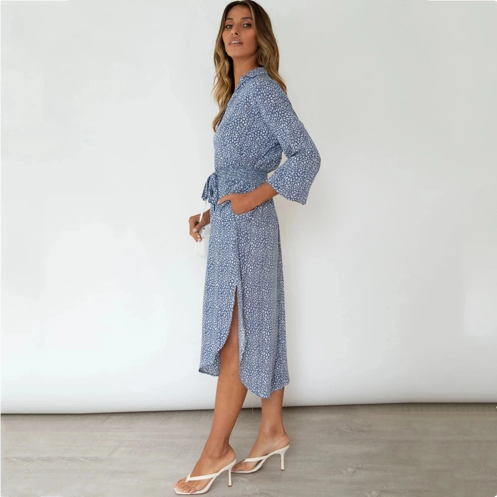 Женское платье с леопардовым принтом Повседневное длинным рукавом разрезом в