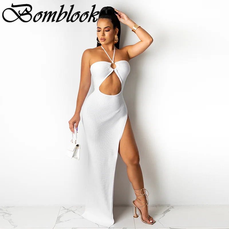 

Bomblook Sexy Party Club Bodycon Dresses For Women's 2021 Summer Clothing Halter Backless Cut Out Slit Dress Female Streetwears