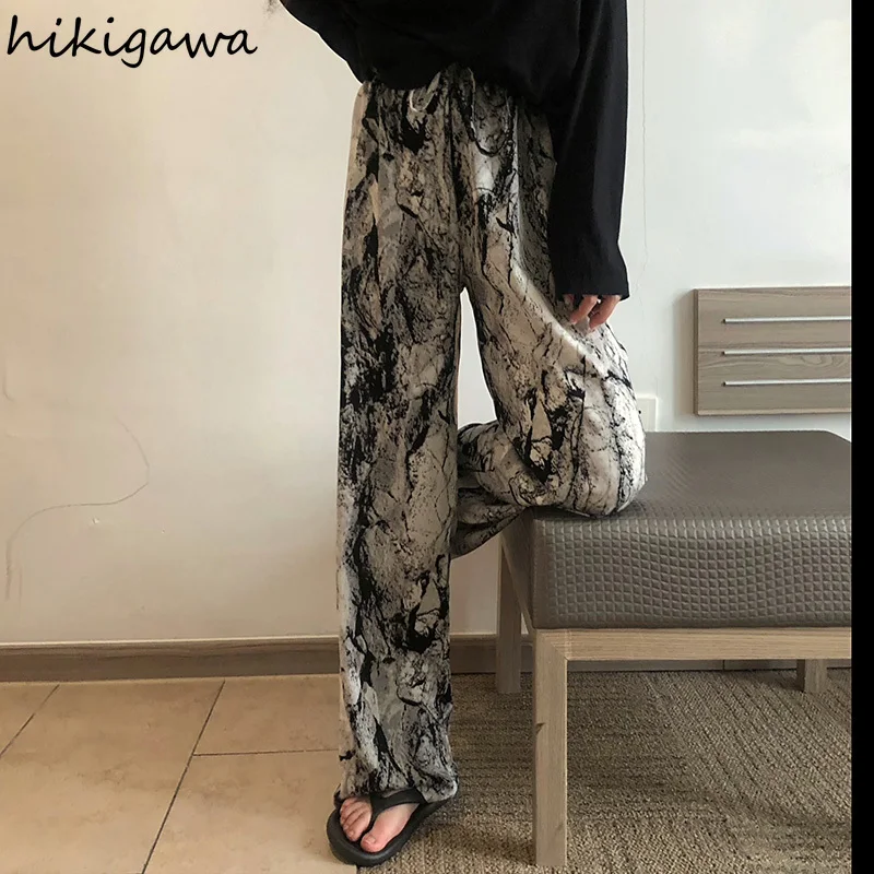 

Hikigawa Fashion Casual Tie Dye Trousers Women 2021 Summer High Waist Loose Straight Wide Leg Pants Korean Thin Sweatpant Female