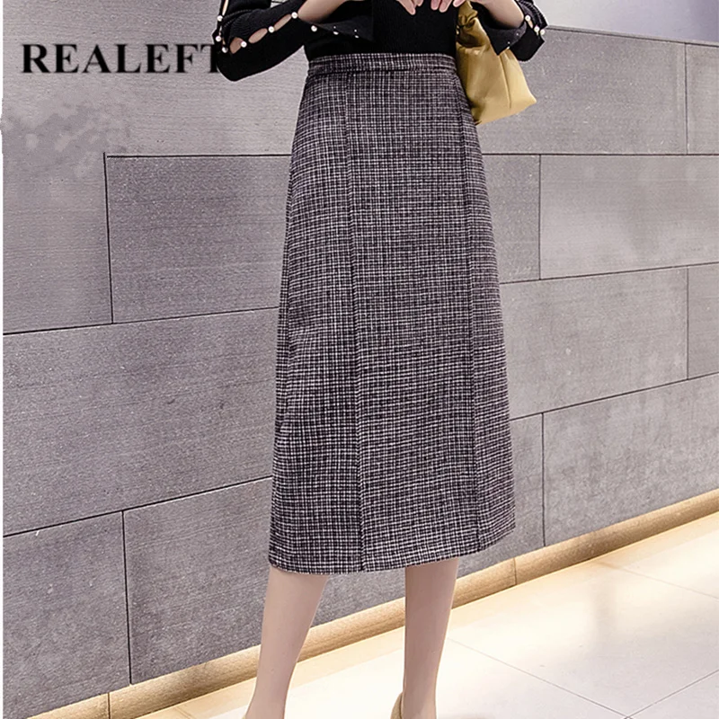 

Длинные шерстяные женские юбки REALEFT, прямые юбки с запахом и высокой талией в Корейском стиле для осени и зимы, 2020