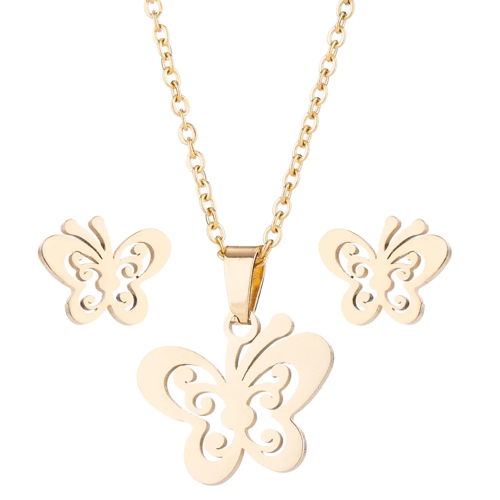 

Sinogaa Butterfly Gold Silver Color Necklace And Earrings Wholesale Prices Simple Stainless Steel Earring Necklace Jewelry Set