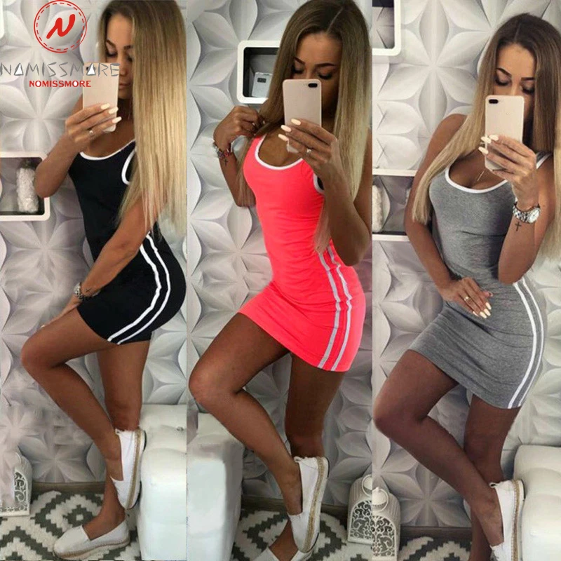 

Women Casual Sport Dress Patchwork Design Side Stripe Decor O-Neck Slim Mini Sportswear Tennis Mini Dress