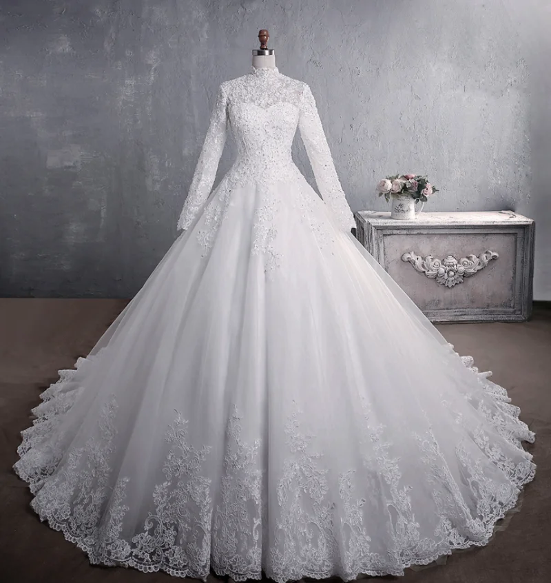 

2021 A-Line New Elegant High Neck Tulle Lace Vintage Long Sleeve Court Train Sheer Wedding Gown Wedding Dress White