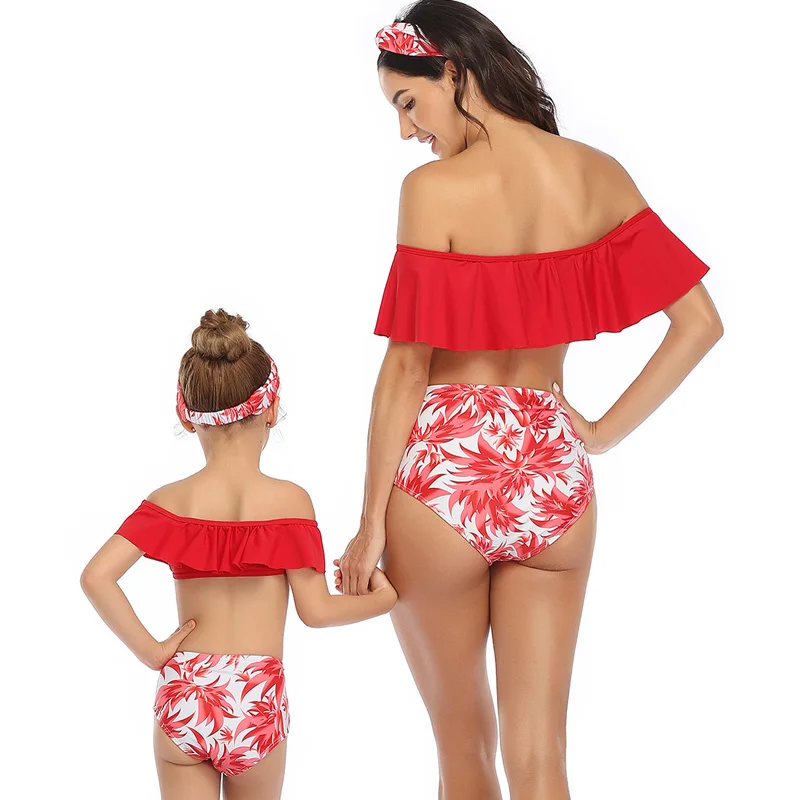 Riseado/купальник с высокой талией комплект бикини принтом листьев для мамы и дочки