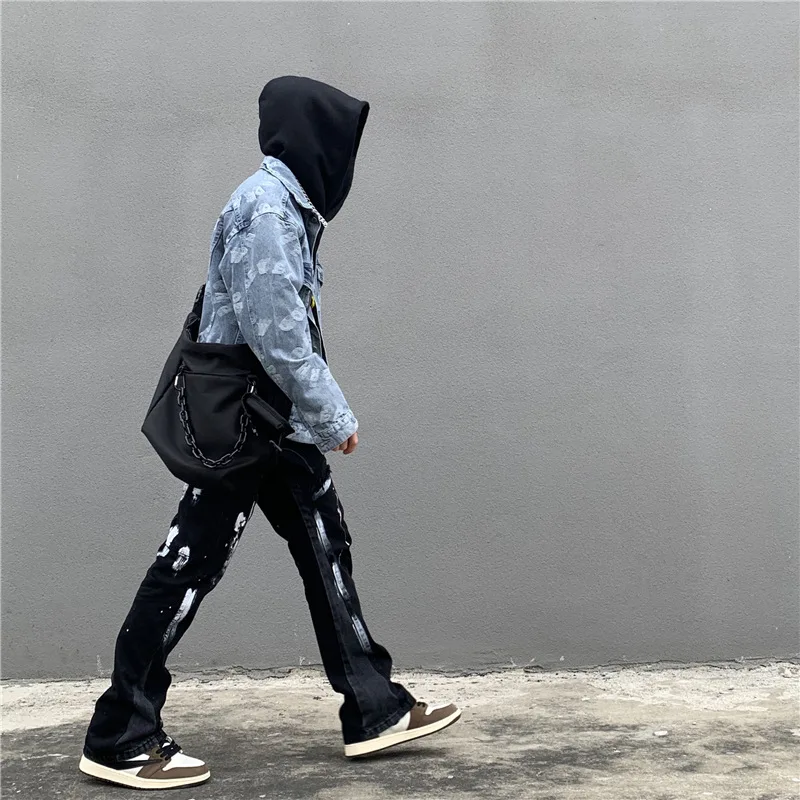 ICCLEK High Street Washed Jeans Distressed Stitching Jeans Men's Straight Loose Pants Baggy Jeans  Straight Leg Jeans