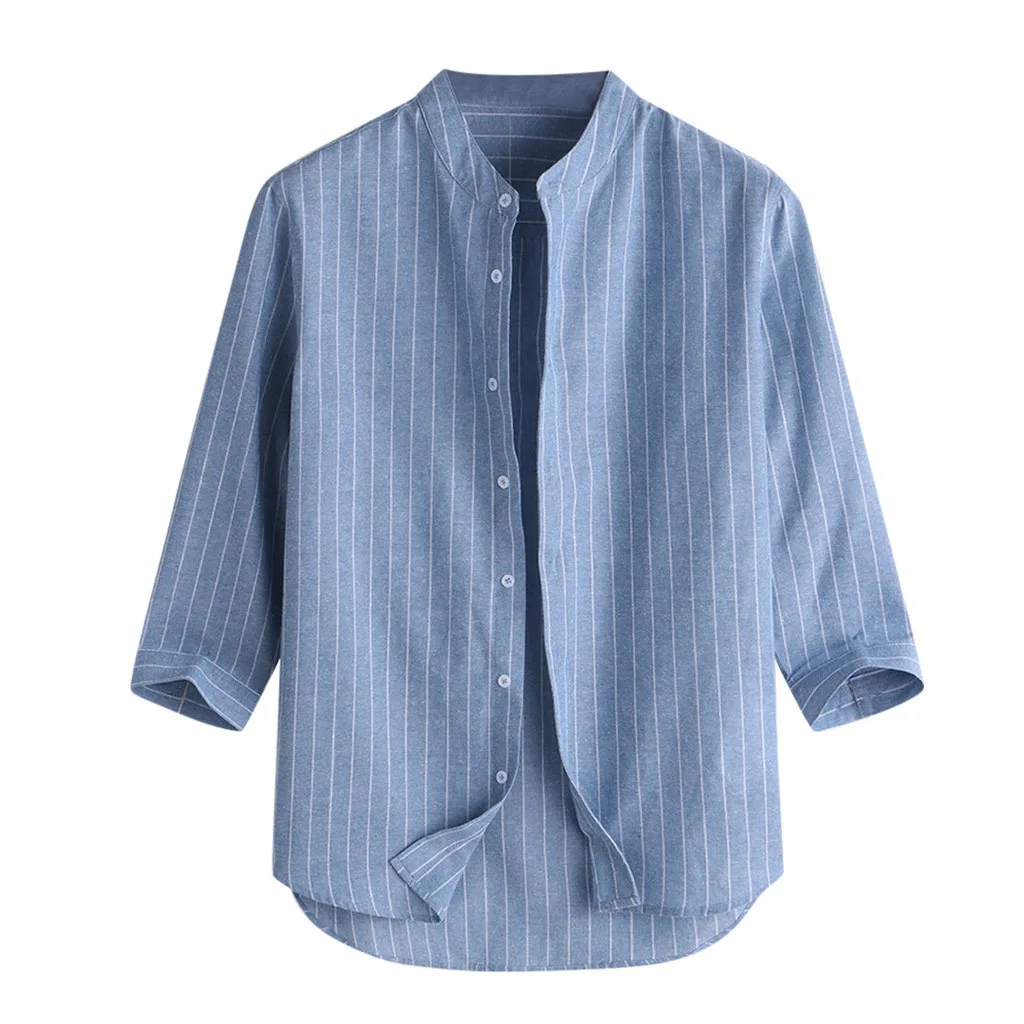 

men casual Shirt striped stand collar 3/4 sleeve button cotton linen shirt man Tops summer spring