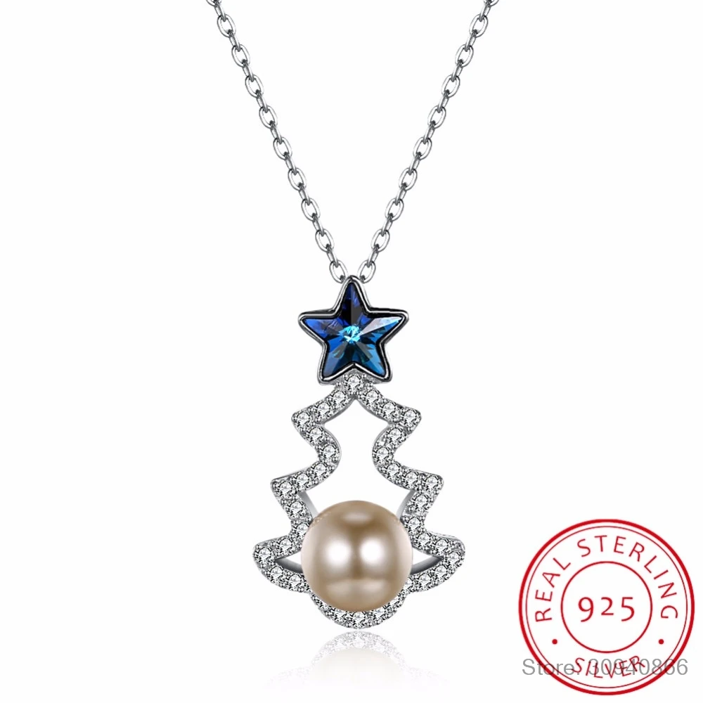 

Голубая звезда с украшением в виде кристаллов 925 стерлингового серебра Рождественская елка подвес-ожерелье из окисленного жемчуга, ожерель...