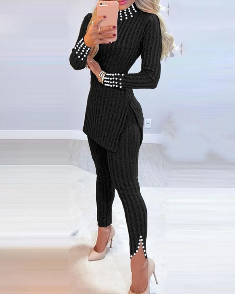 

Elegant Ladies Two Piece Set Fashion Casual Beaded Side Slit Long Sleeve Top & Pants Set 2021 Autumn Winter New