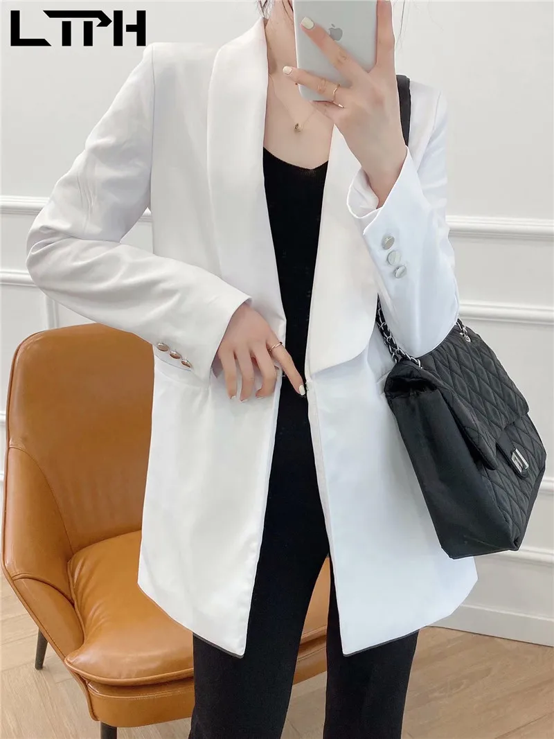 LTPH-Chaqueta de Blanco sólido sencillo para mujer, chaqueta informal que combina con todo, estilo de fiesta, larga, botones ocultos, abrigo de traje para mujer, primavera 2021