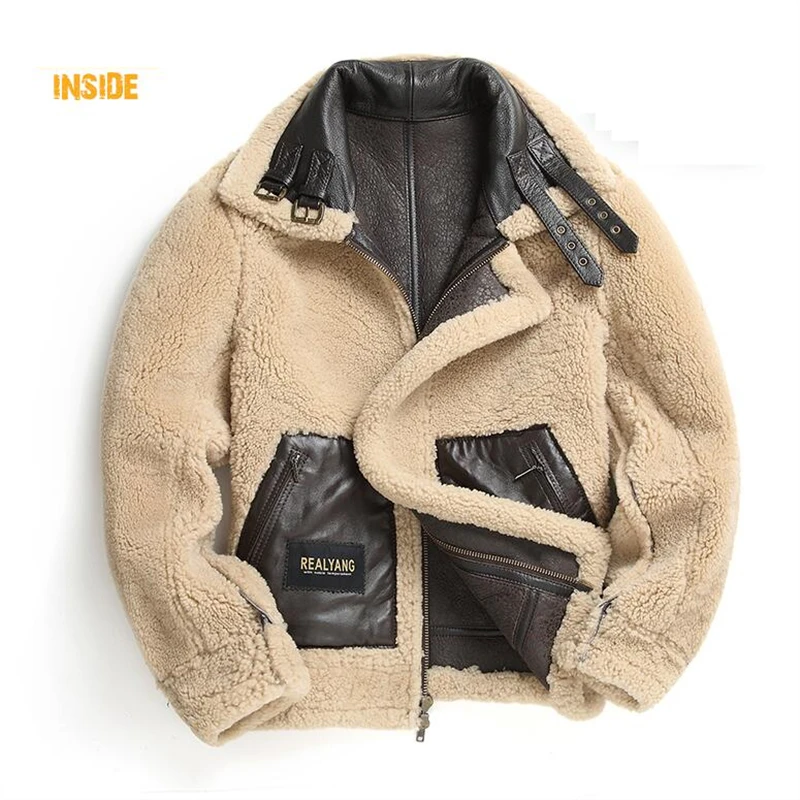 

Jacket New Mens Shearling Genuine Men Lamb Fur and Sheep Maxi Coat Short Real Leather Flight Suit
