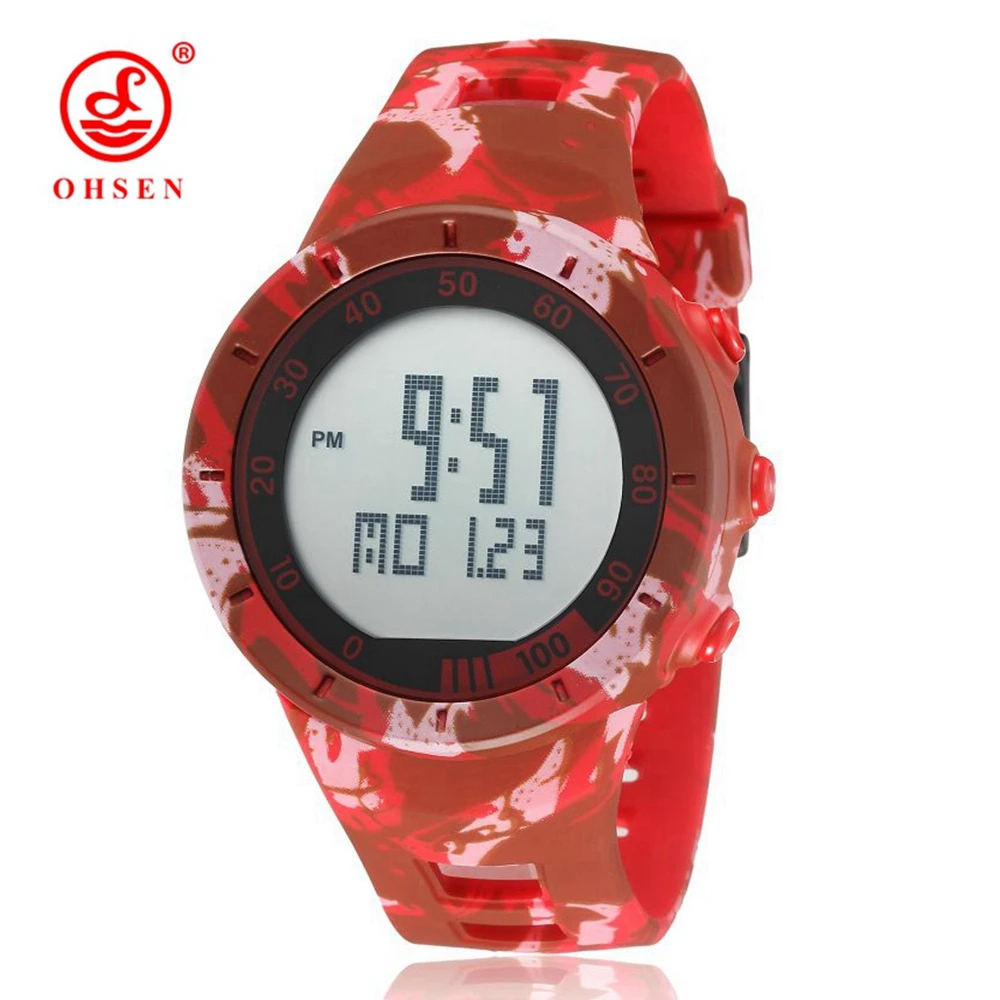 Camouflage Red OHSEN цифровой светодиодный спортивные часы для мужчин и женщин с секундомером 50 м водонепроницаемые красные модные силиконовые часы relogio masculino - Цвет: Camouflage Red
