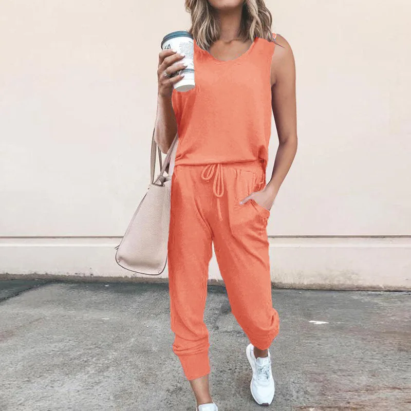 

Loose Sleeveless Casual Outfit Summer 2020 New Fashion Streetwear Waist Drawstring Women Jumpsuit One Piece Monos Mujer Pockets