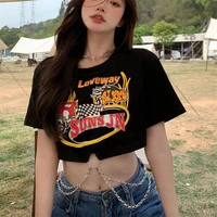 harajuku graphic t shirts women casual short sleeve o neck chain crop top streetwear 2000s aesthetic mujer clothing femme