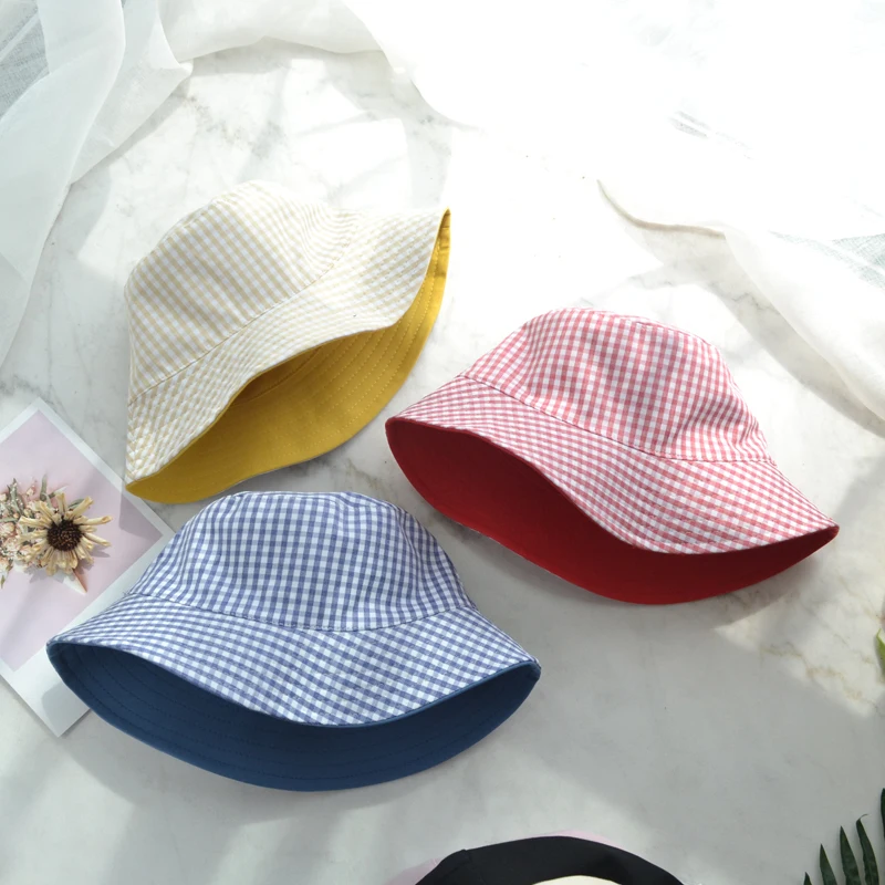 

Japanese cute new spring and summer wild plaid double-sided wearing a fisherman hat small fresh soft sister sun hat basin female