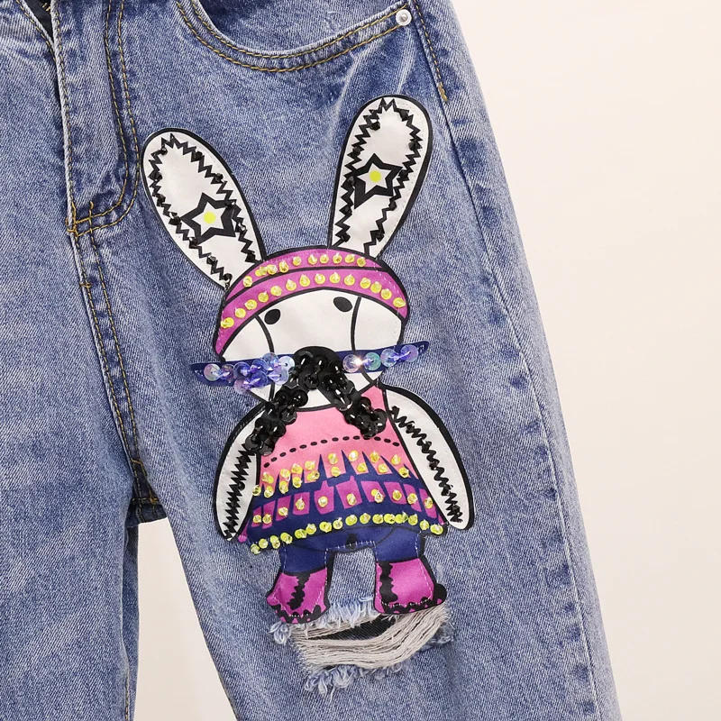 

Amolapha Women Cartoon T Shirts Jeans 2PCS Suits Casual Short Sleeve Tshirt+Calf-Length Denim Jean Sets for Woman